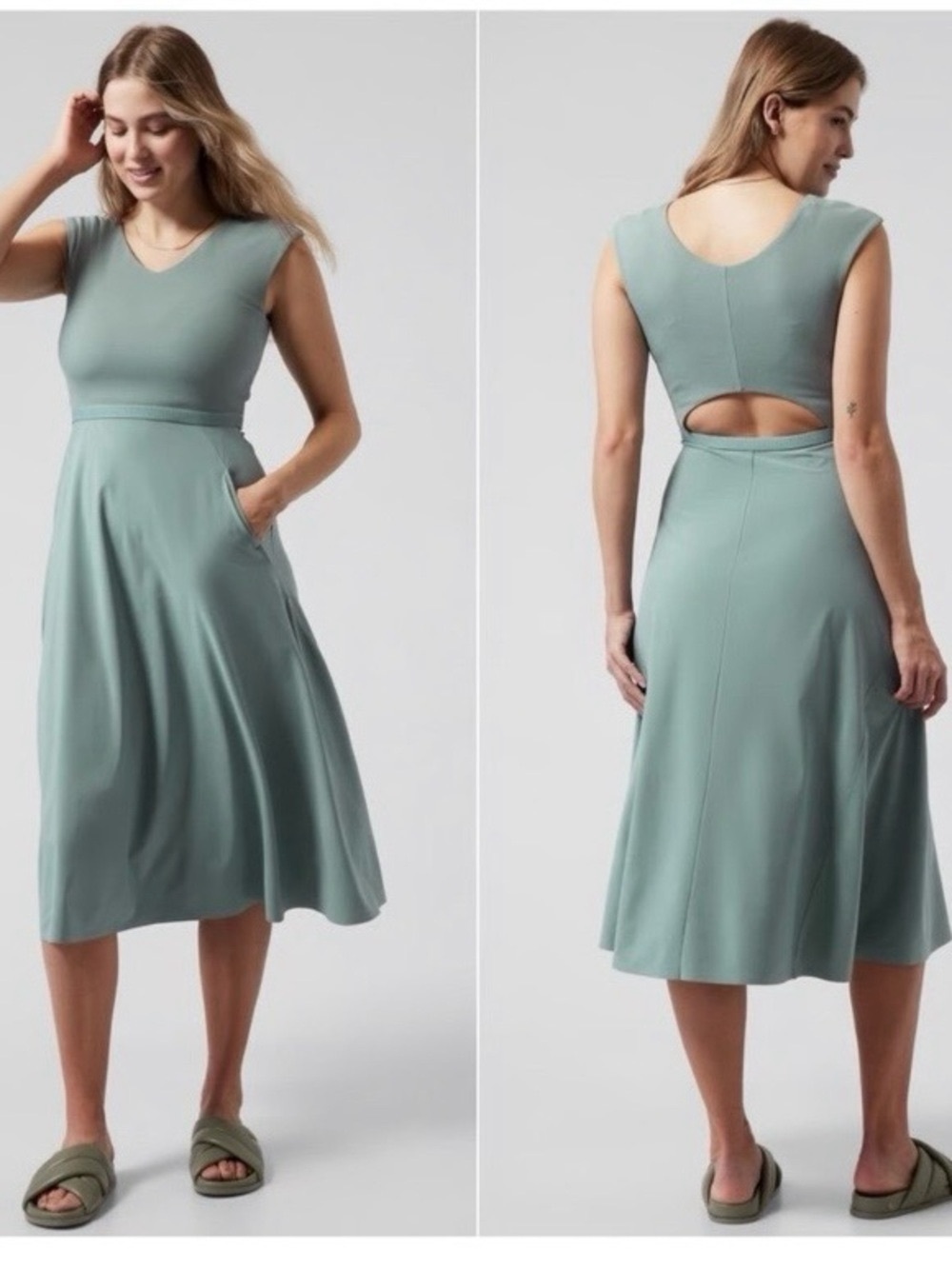 New Athleta Sage Green Sleeveless Midi Dress with Back Cutout